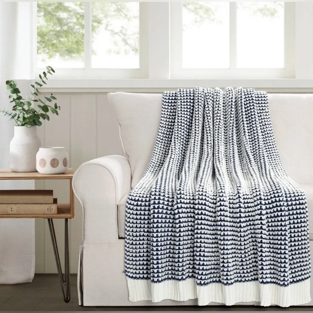 NWT Lush Decor Navy White Knitted Throw Blanket Home Cozy Knit Winter Warm Boho